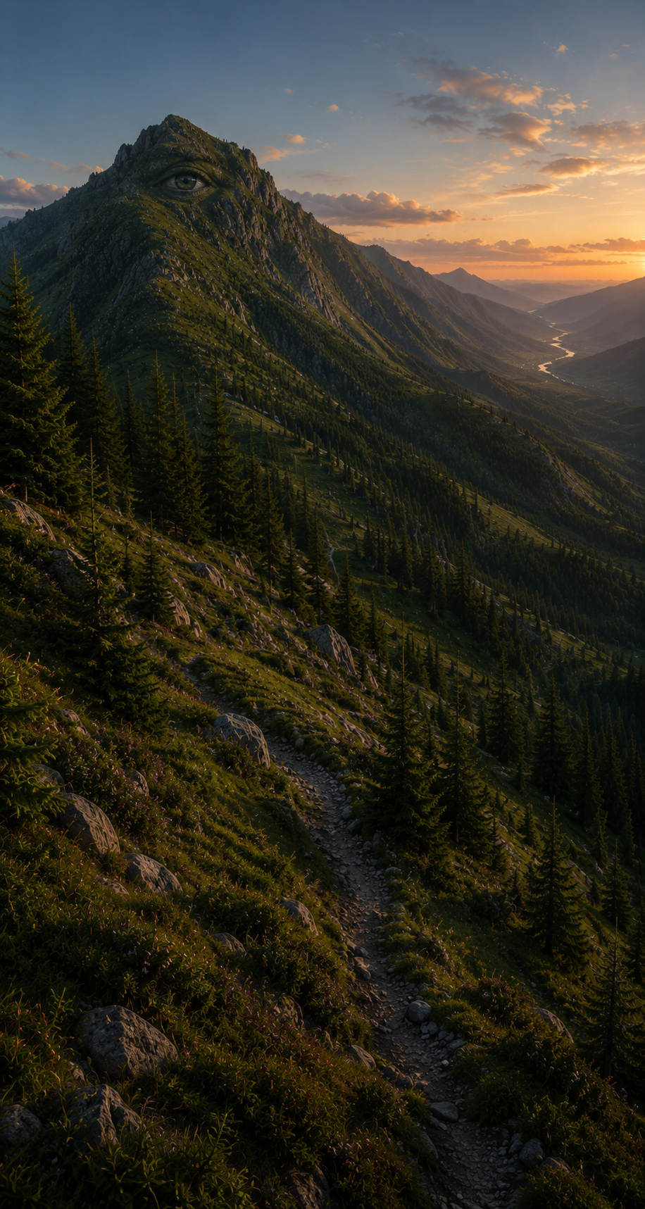 A mountainside at sunset that resolves into a watching human eye